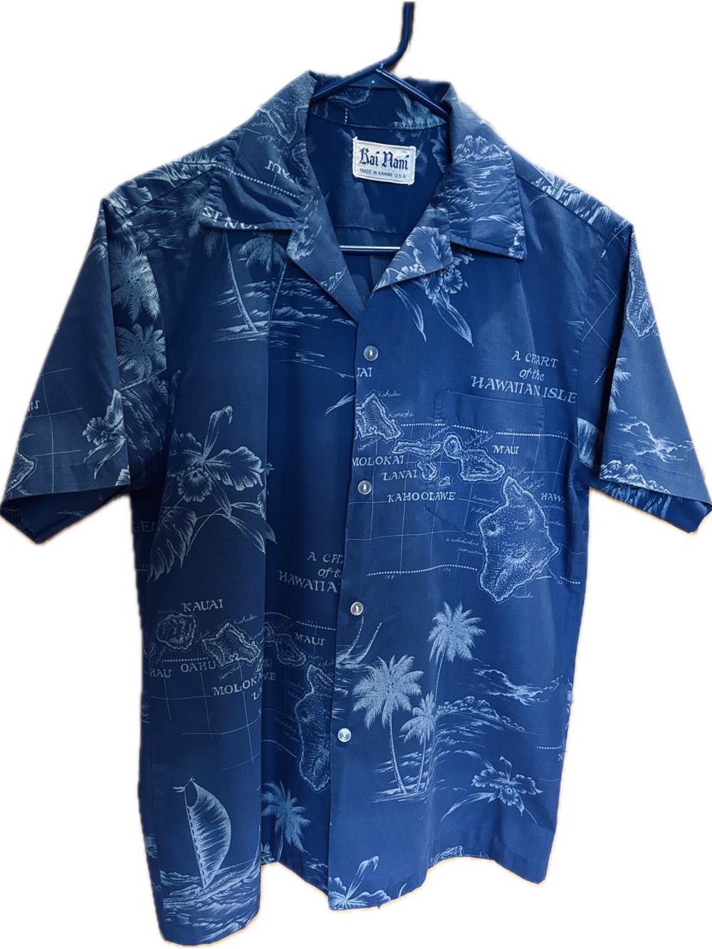 Vintage Men's Short-Sleeve Hawaiian Island Map Shirt - Royal Blue - excellent!